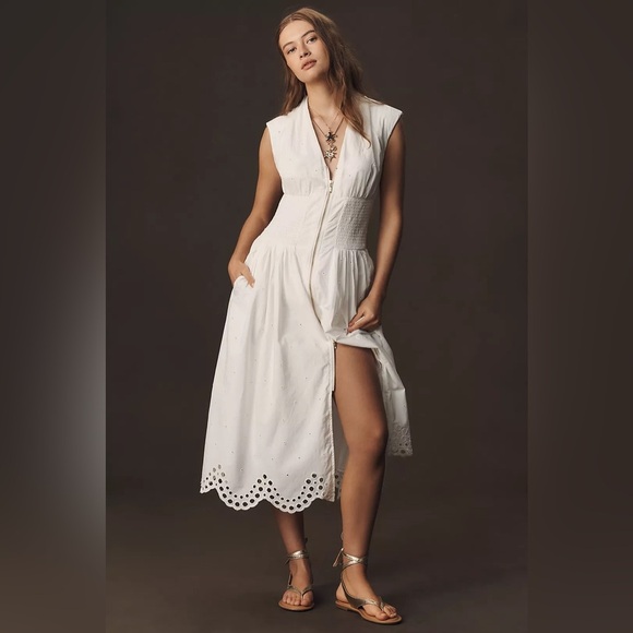 The Tommie Cap-Sleeve Smocked Front-Zip Shirt Dress: Eyelet-Trim Edition - Picture 1 of 5